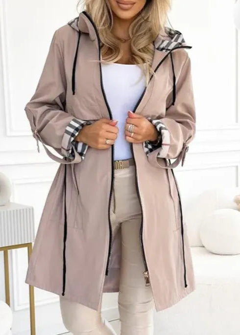 Chic Plaid Trim Trench Coat