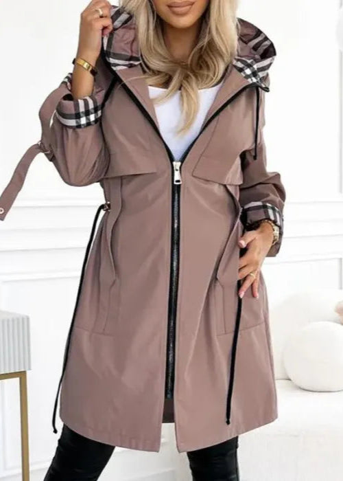 Chic Plaid Trim Trench Coat