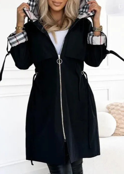 Chic Plaid Trim Trench Coat