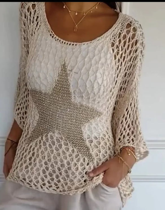Five-Star Round Neck Hollow Crochet Tops