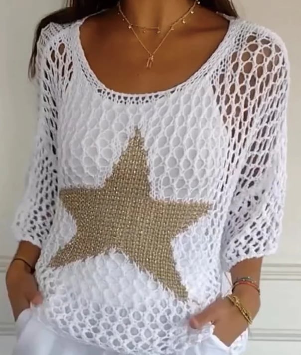 Five-Star Round Neck Hollow Crochet Tops