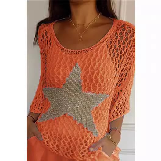 Five-Star Round Neck Hollow Crochet Tops