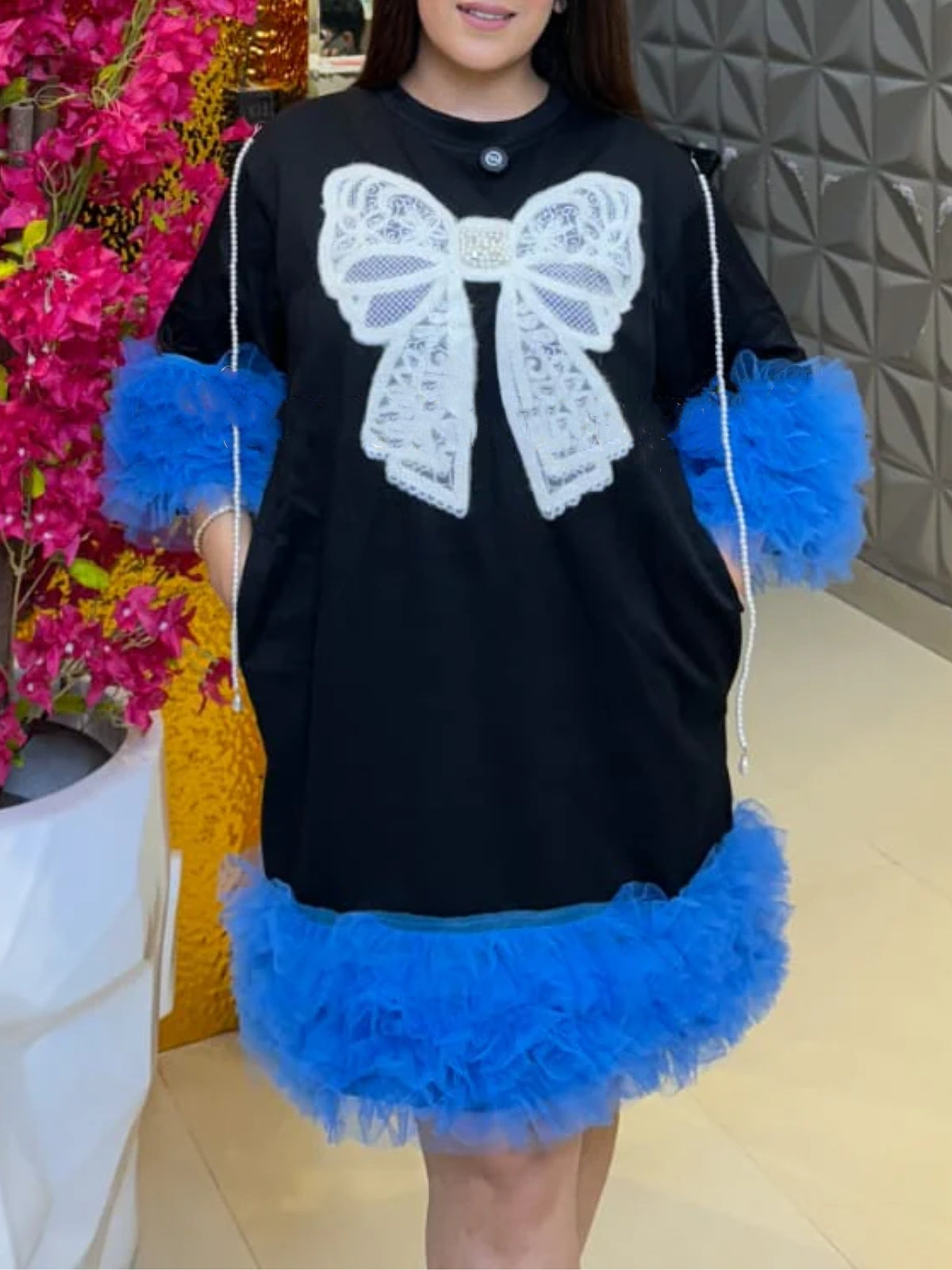 Blue Feather Trim Bow Dress