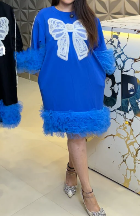 Blue Feather Trim Bow Dress