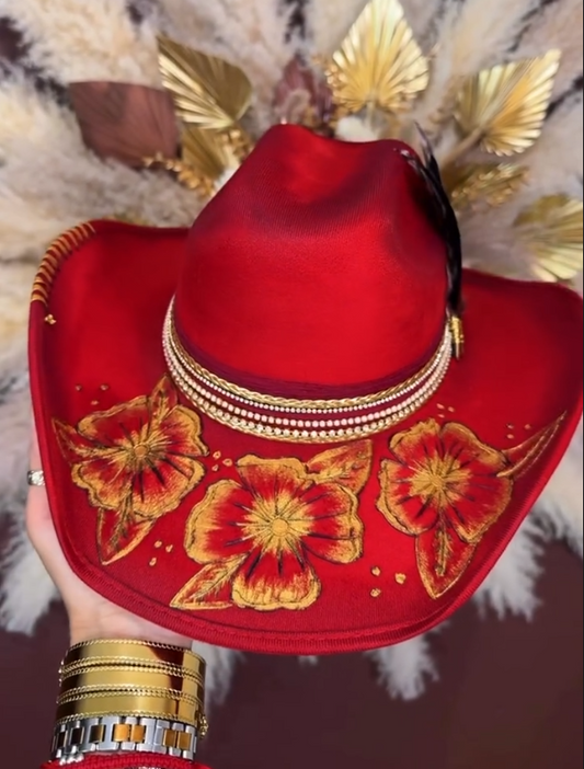 Red Floral Embroidered Cowboy Hat