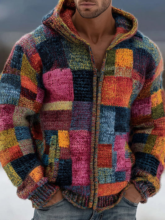 Patchwork Knit Zip-Up Jacket