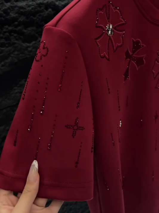 Crimson Bloom Embellished Tee