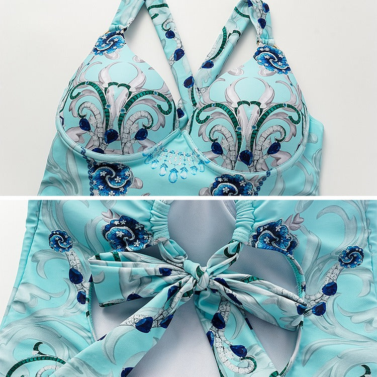 Sling Blue Jewelry Series Pattern Print One Piece Swimsuit and Skirt or Sarong