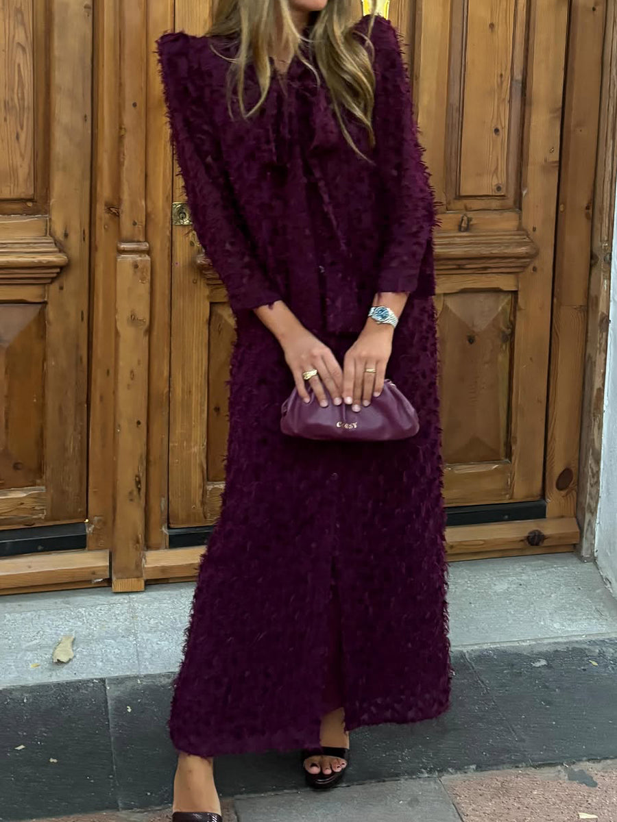Neck Bow Long Sleeve Midi Dress