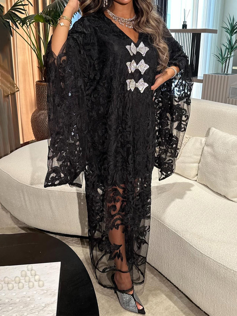 Rhinestone Sparkle Lace V Neck Dress