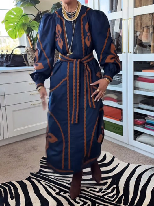 Placement Print Belted Long Sleeve Dress