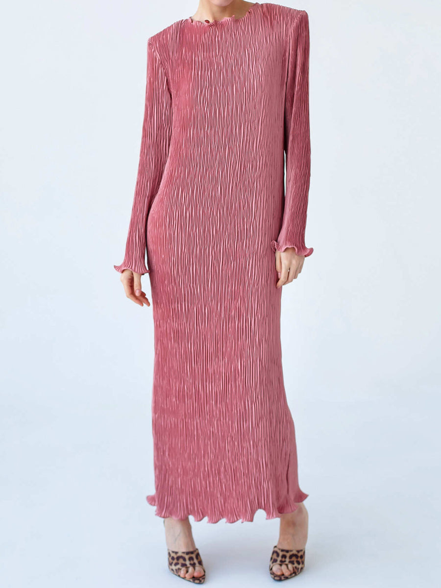 Ruffled Solid Long Sleeve Pleated Dress