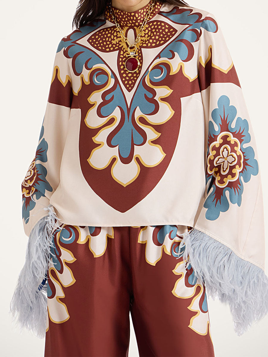 High Neck Feather Sleeve Two Pieces Set