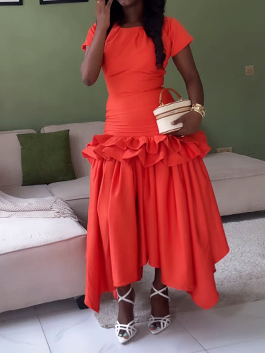 Short Sleeve Flouced Patchwork Dress