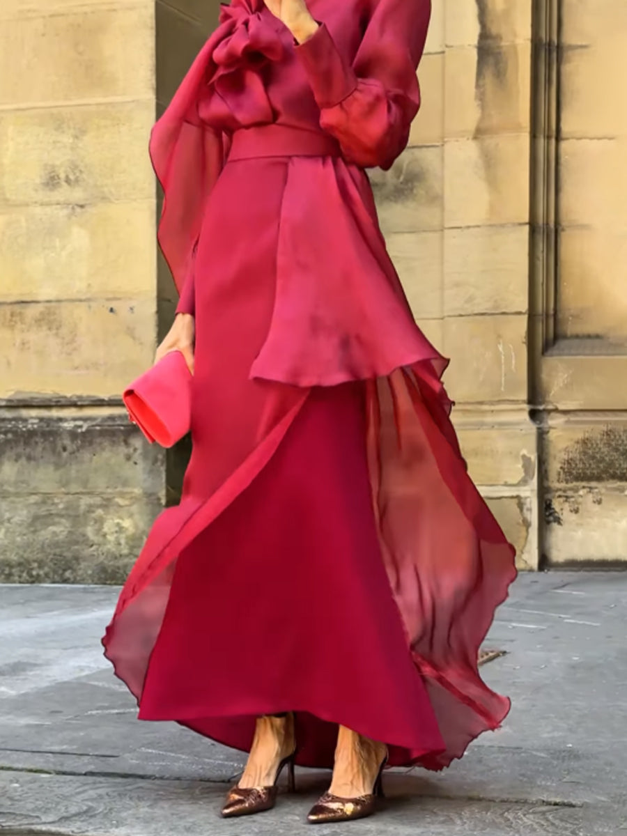 Elegant Puff Sleeve Two Pieces Dress