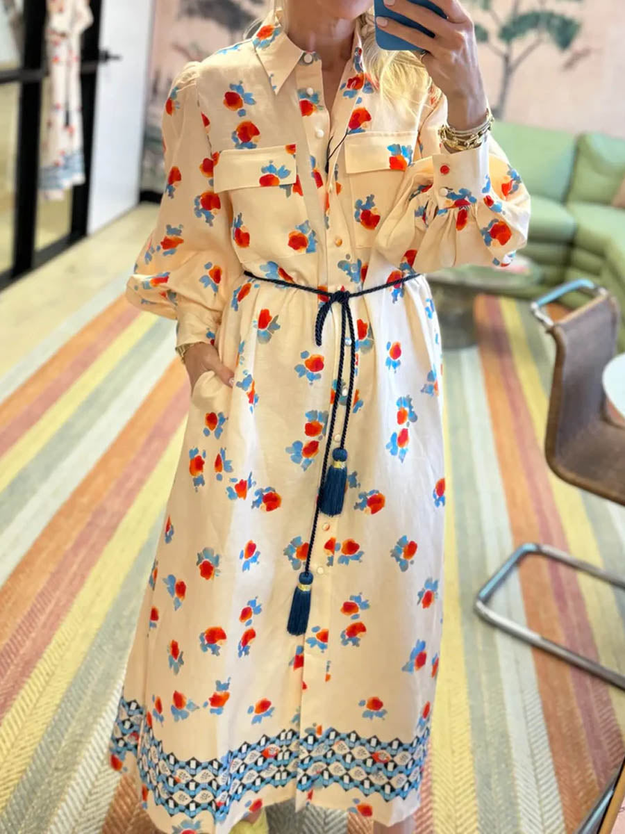 Printed Long Sleeve Tie-up Shirtdress