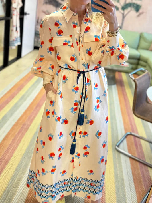 Printed Long Sleeve Tie-up Shirtdress