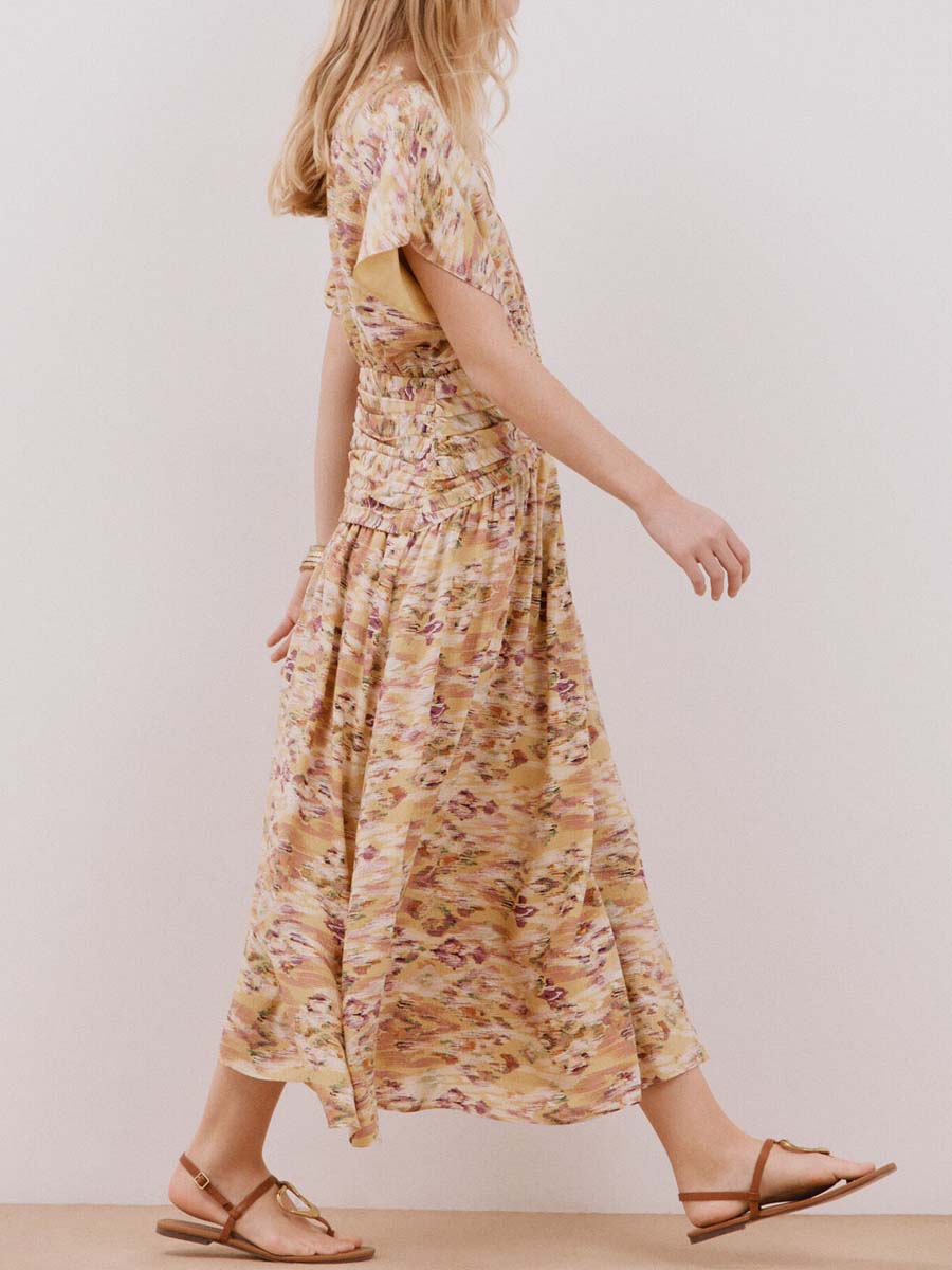 Printed V Neck Pleated Dress