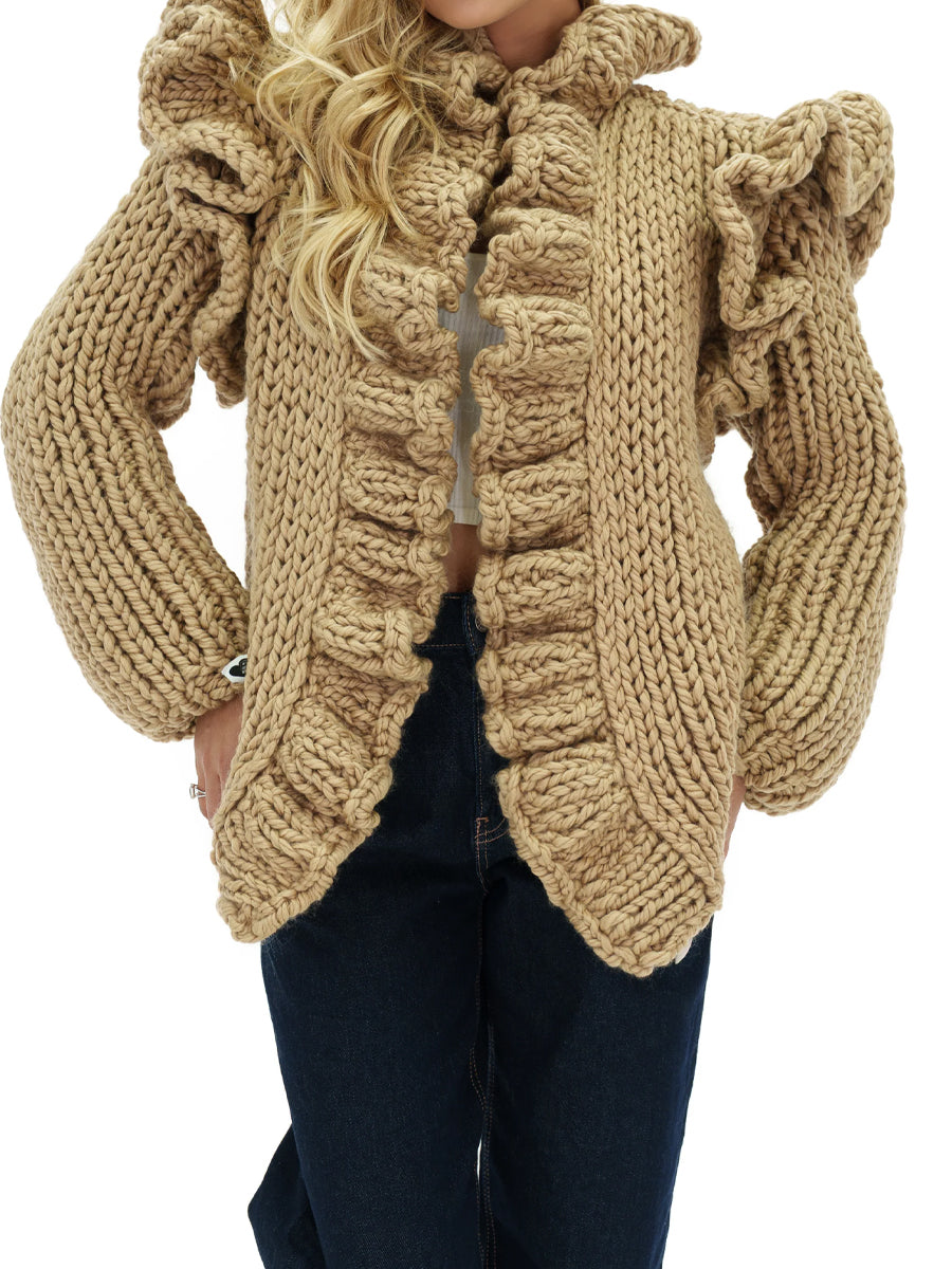 Ruffled Knit Flared Sleeve Cardigan
