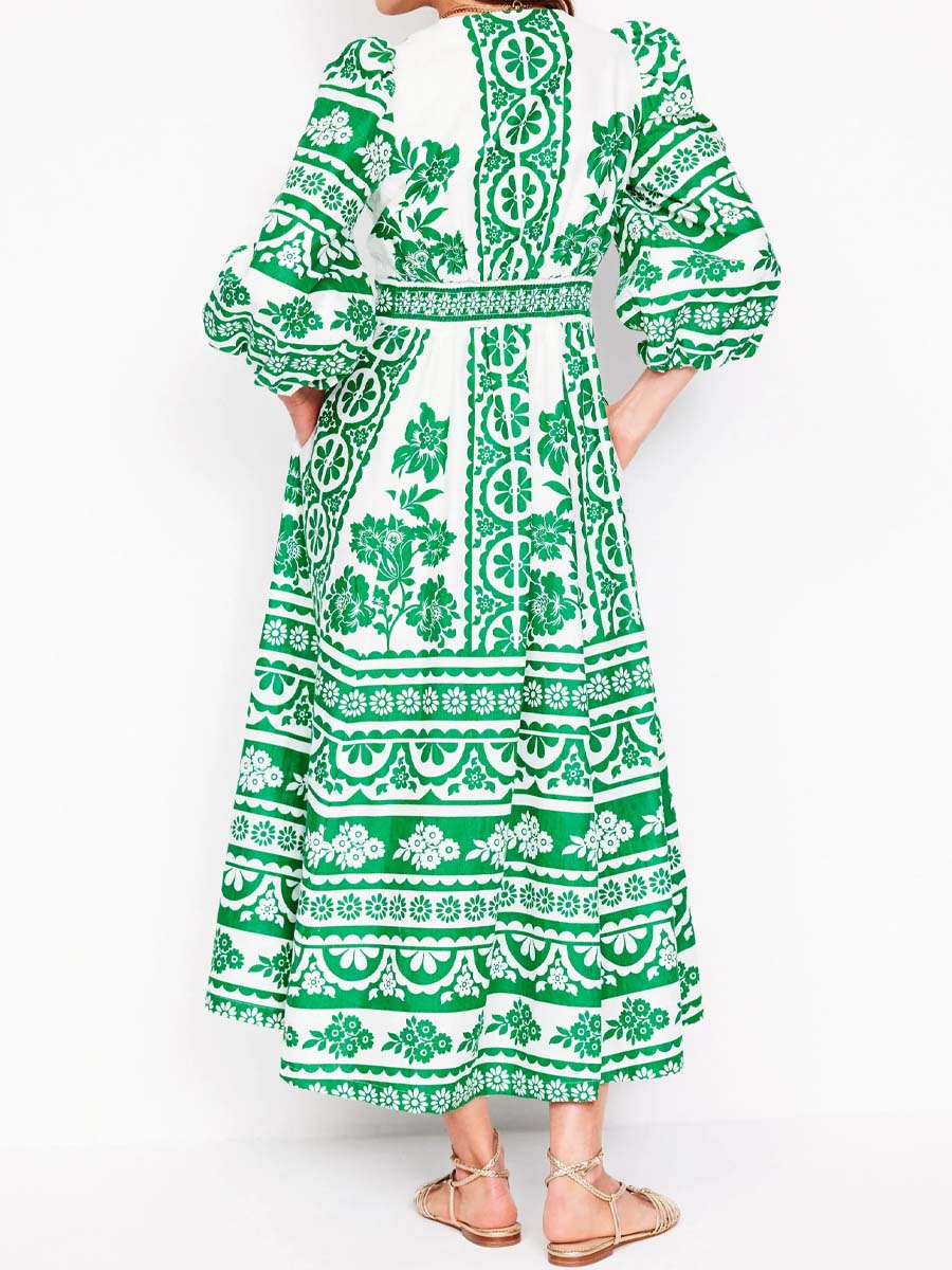 Printed V Neck Blouson Sleeve Maxi Dress
