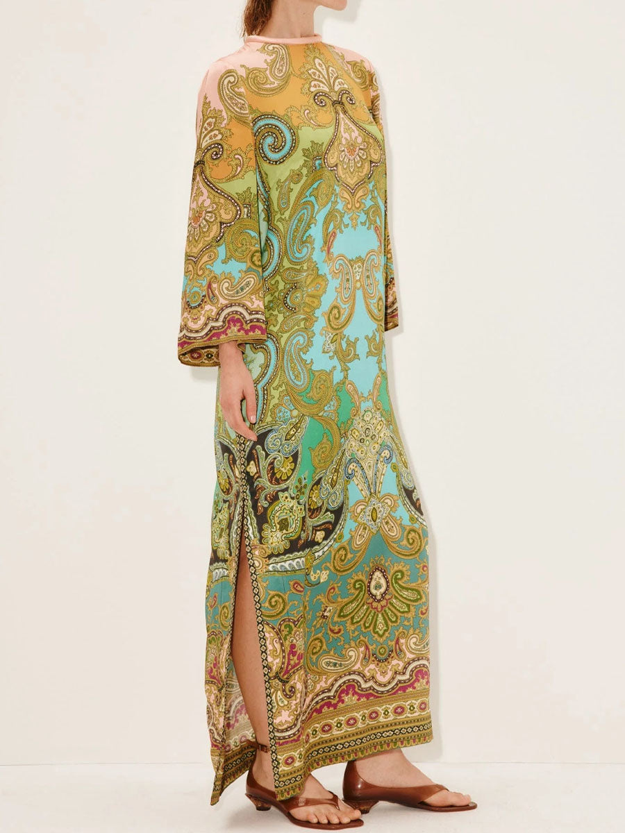 Printed Slit Hem Belted Satin Maxi Dress