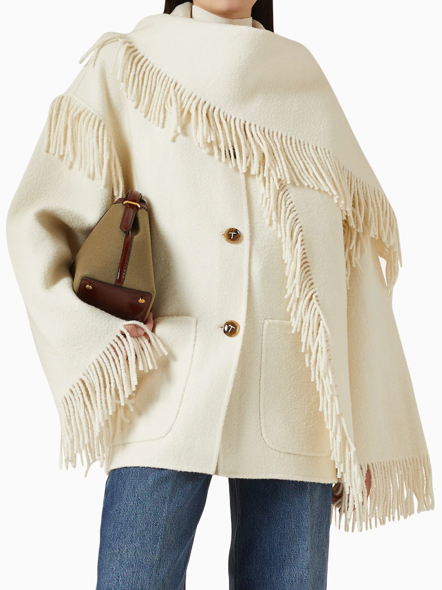 Fringed Trims High Neck Jacket With Attached Scarf