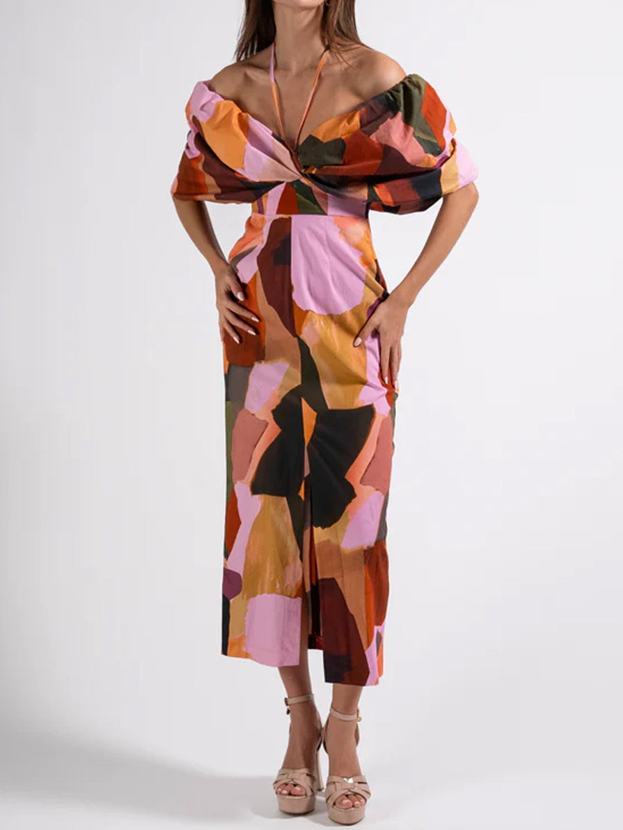 Printed Bow Tie Neck Detail Dress