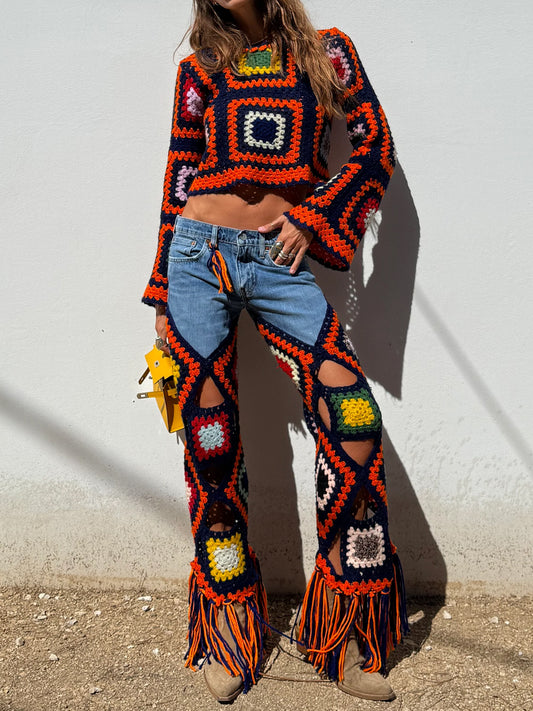 Multicolour Crochet Bell Sleeves Top & Denim Trousers