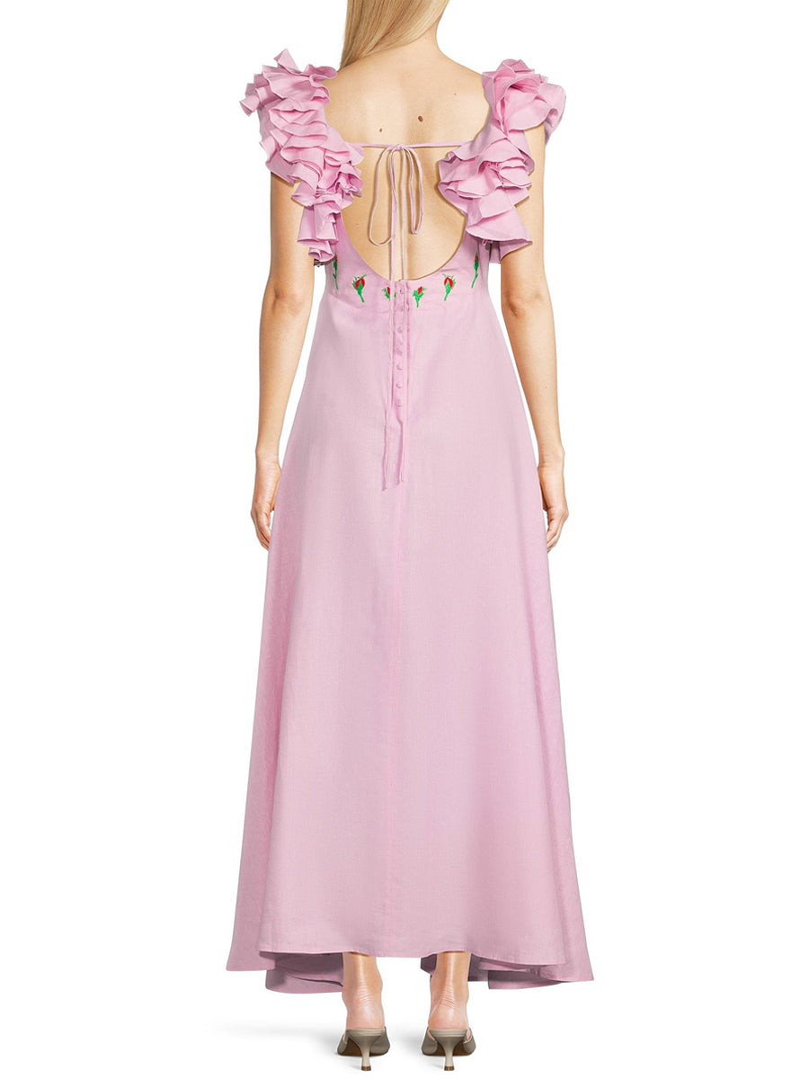 Ruffle Sleeve V Neck Backless Maxi Dress