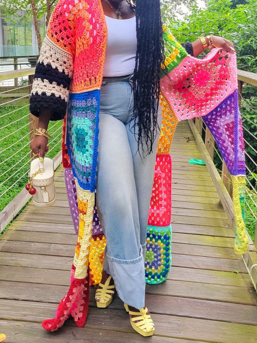 Multicolor Colorblock Knitted Crochet Cardigan