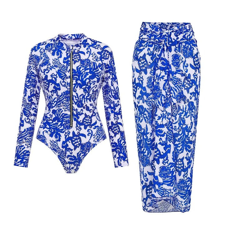 Long Sleeve Zip Front Blue White One Piece Surf Swimsuit and Sarong