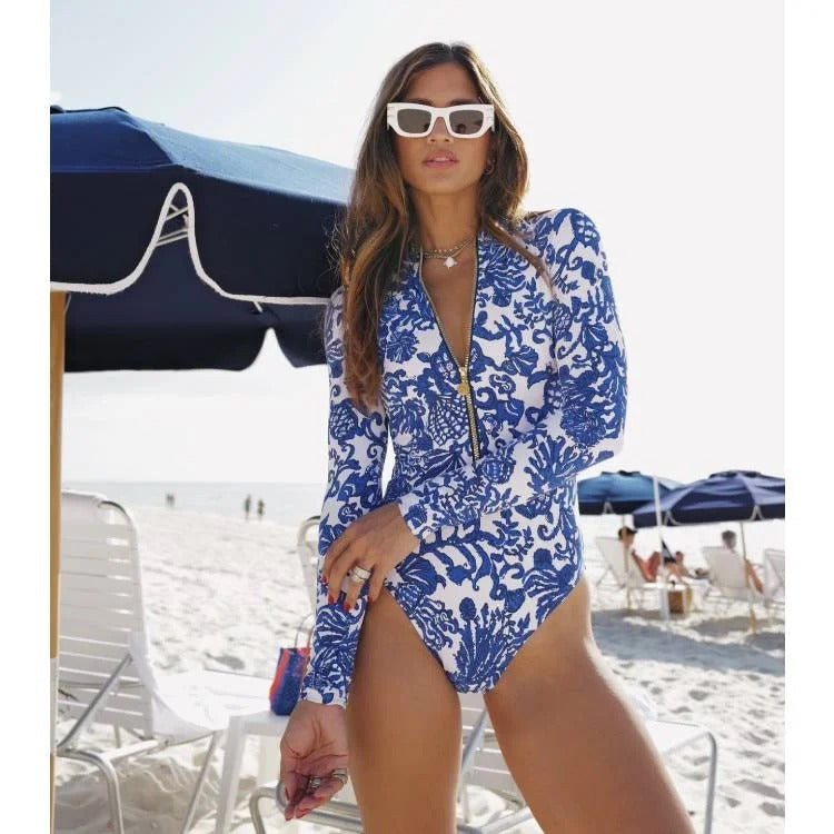 Long Sleeve Zip Front Blue White One Piece Surf Swimsuit and Sarong