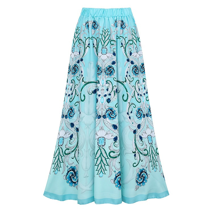 Sling Blue Jewelry Series Pattern Print One Piece Swimsuit and Skirt or Sarong