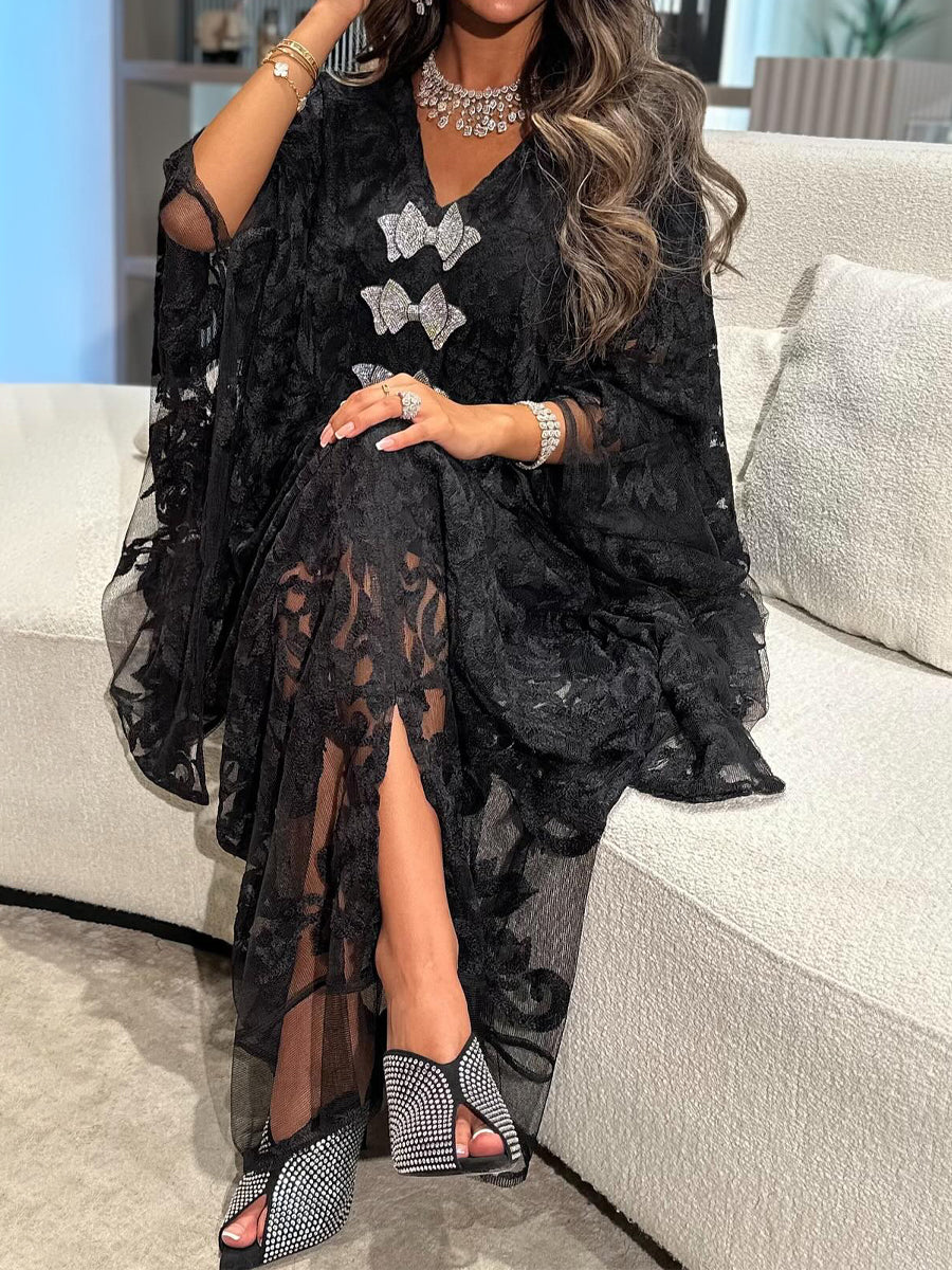 Rhinestone Sparkle Lace V Neck Dress