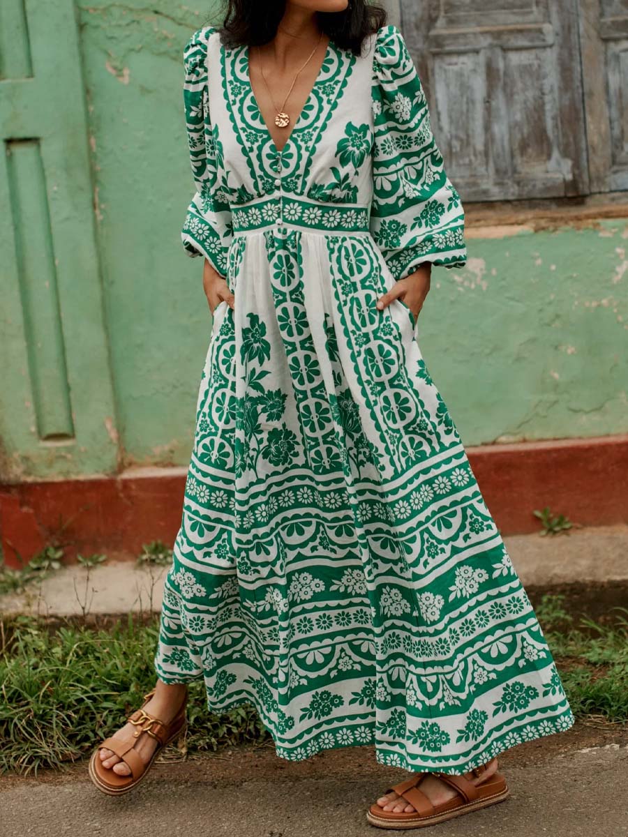 Printed V Neck Blouson Sleeve Maxi Dress