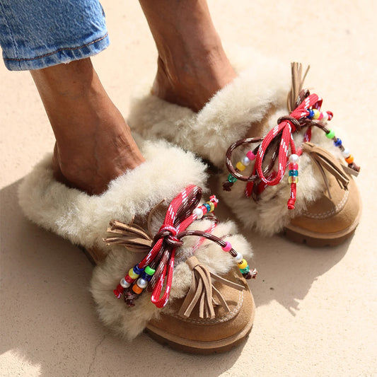 Beaded Fringed Plush Lace-Up Slippers