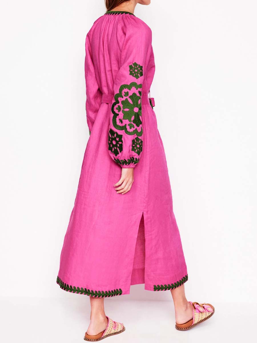 Embroidered Tassel V Neck Dress