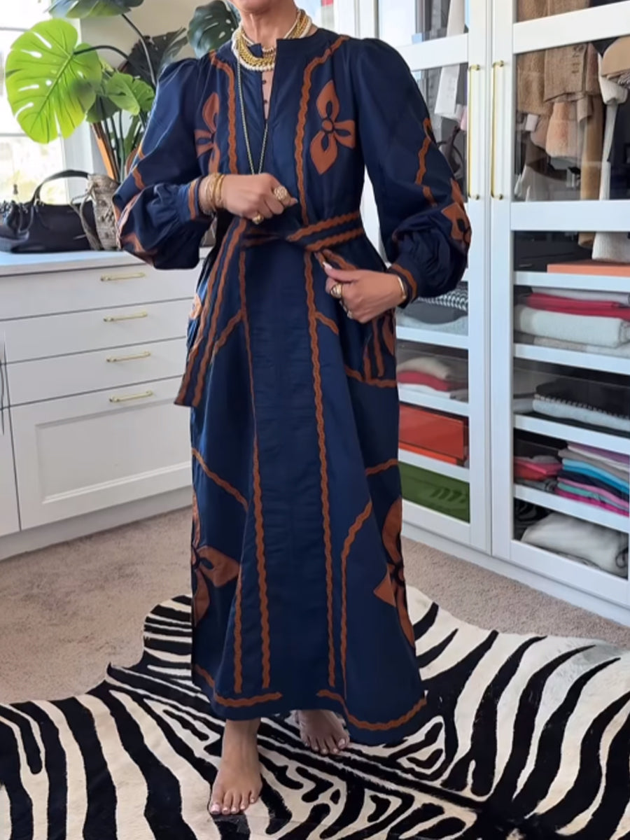 Placement Print Belted Long Sleeve Dress