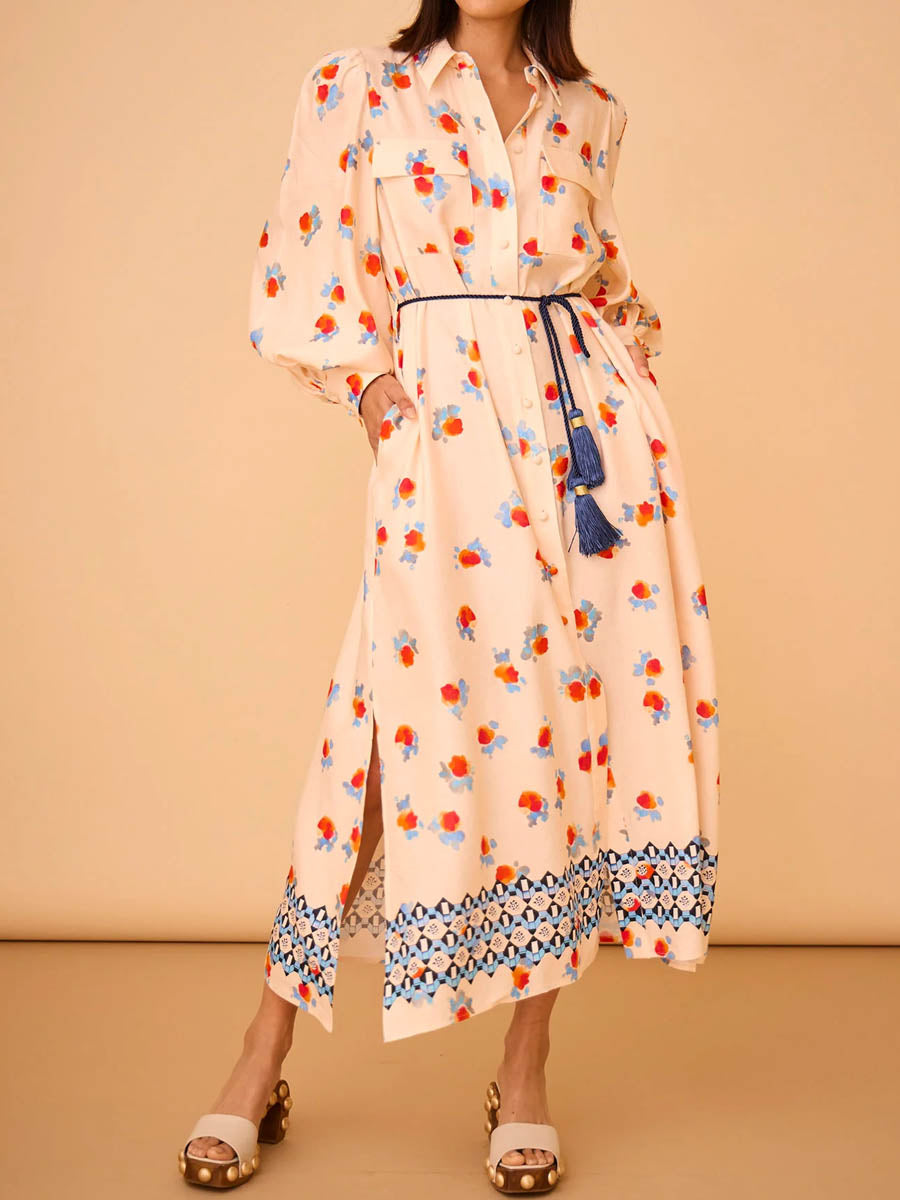 Printed Long Sleeve Tie-up Shirtdress