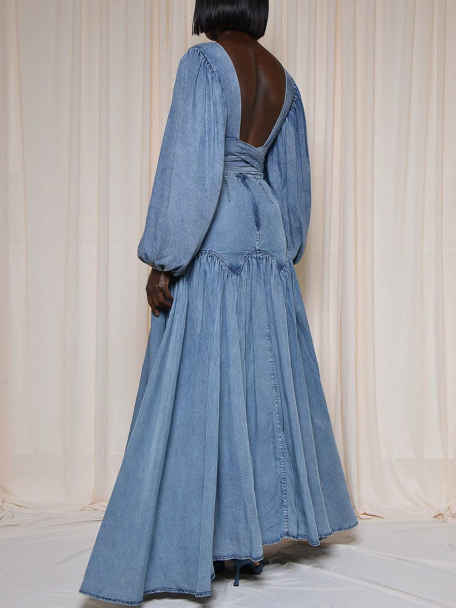 Denim Deep V Neck Backless Two Pieces Dress