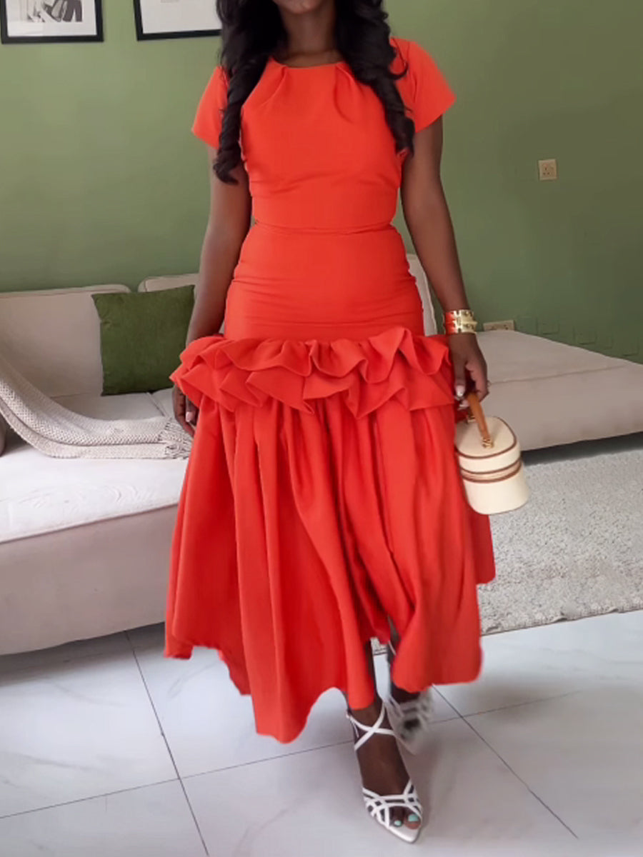 Short Sleeve Flouced Patchwork Dress