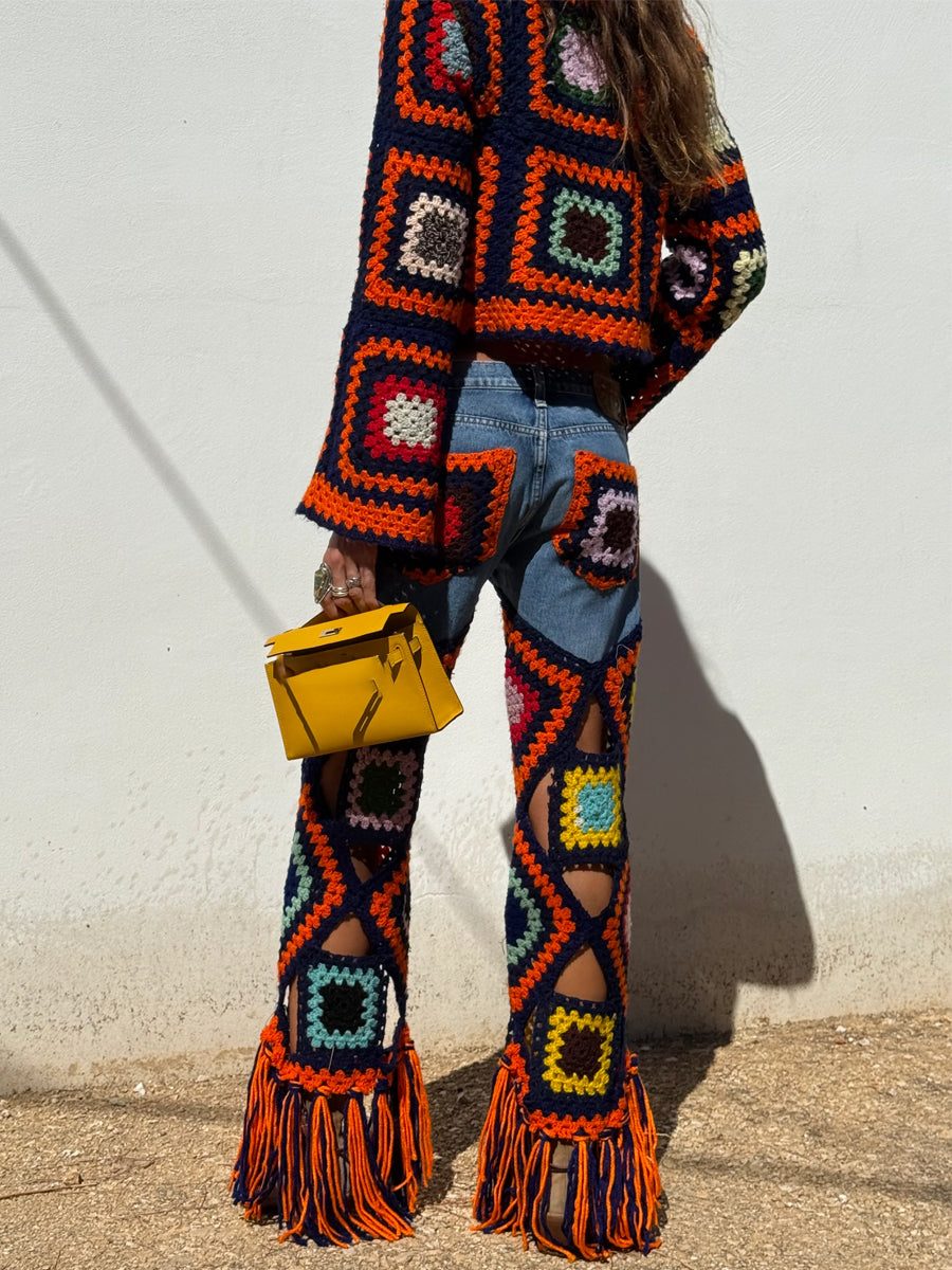 Multicolour Crochet Bell Sleeves Top & Denim Trousers