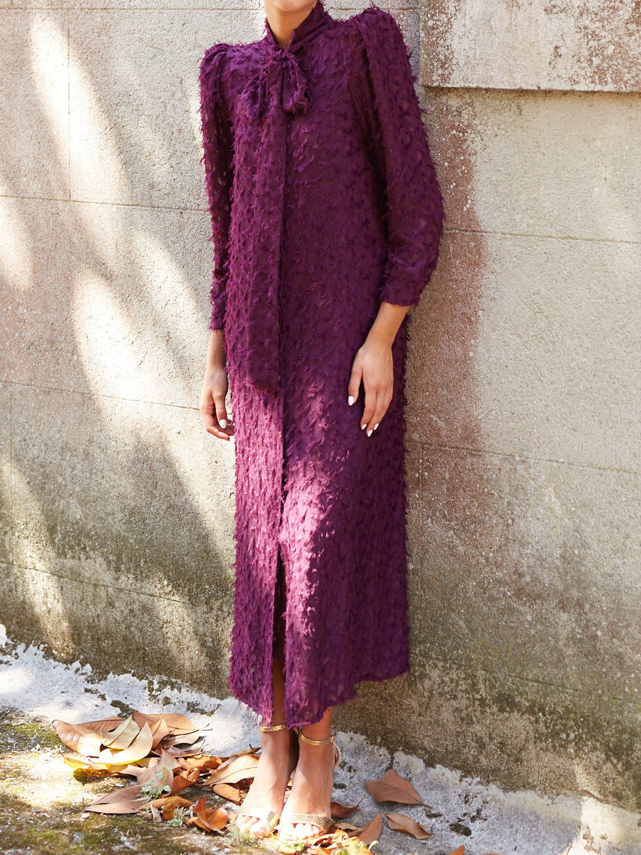 Neck Bow Long Sleeve Midi Dress