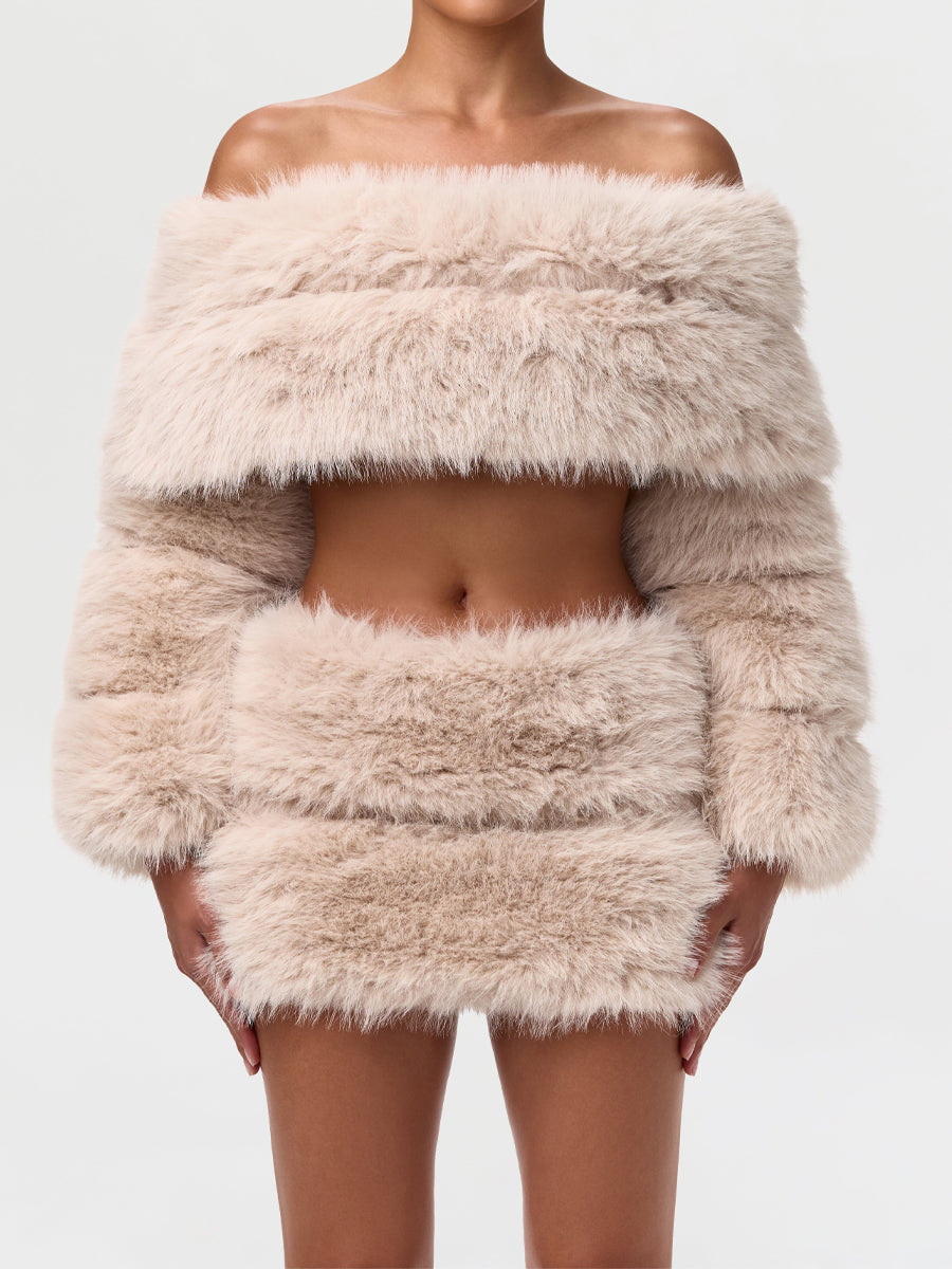 Faux Fur Off Shoulder Two Pieces Dress