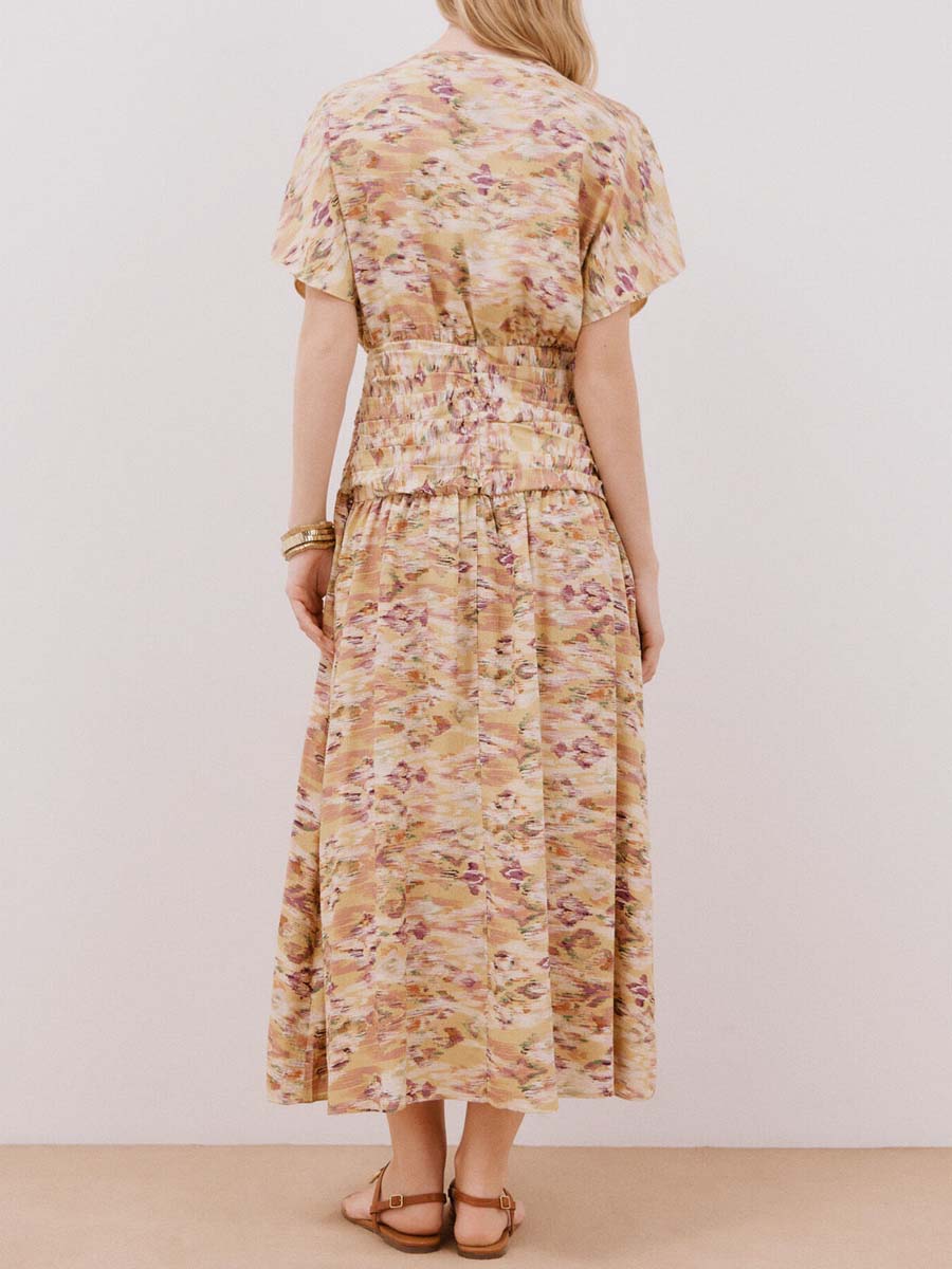 Printed V Neck Pleated Dress