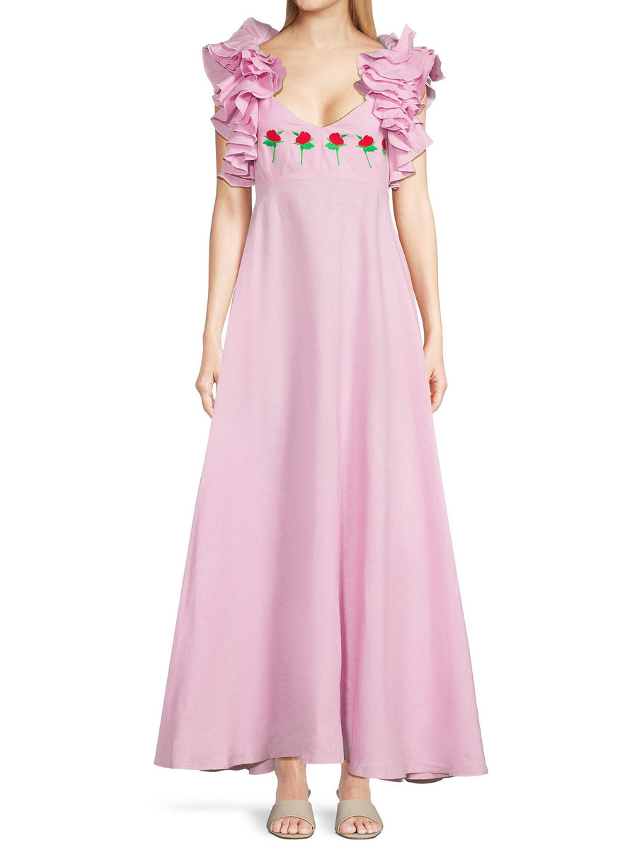 Ruffle Sleeve V Neck Backless Maxi Dress