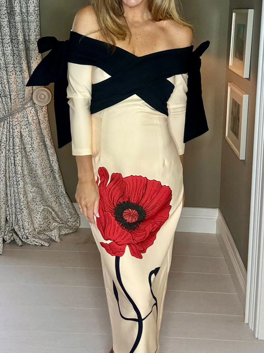 Patchwork Long Sleeve Off Shoulder Printed Sexy Dress