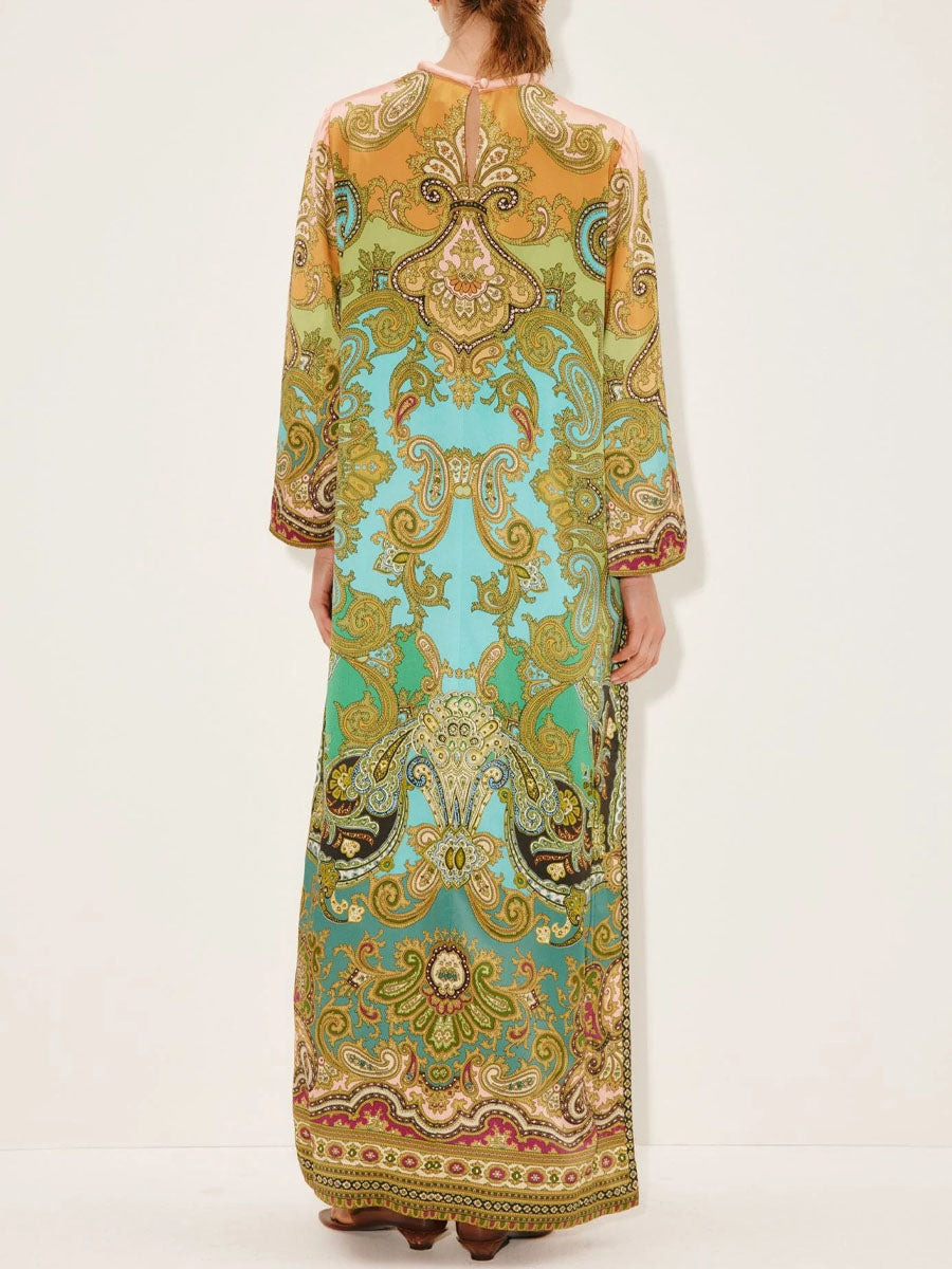 Printed Slit Hem Belted Satin Maxi Dress