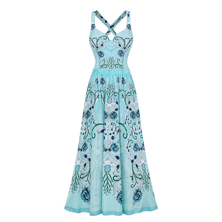 Sling Blue Jewelry Series Pattern Print One Piece Swimsuit and Skirt or Sarong