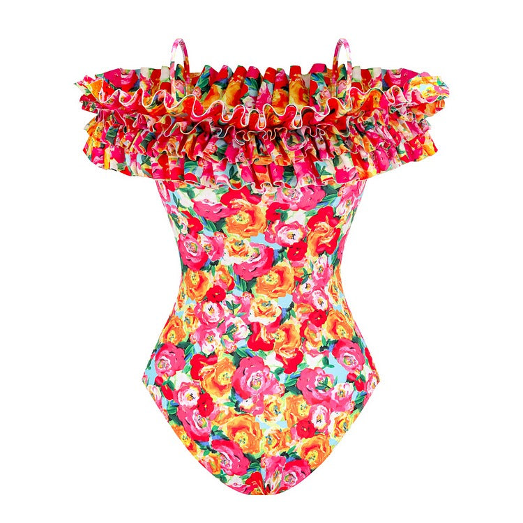 Detachable Double Shoulder Strap With Ruffles One Piece Swimsuit and Sarong